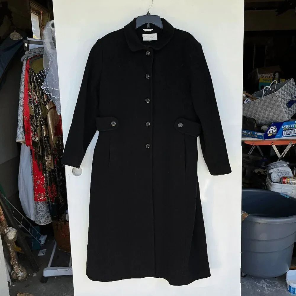 VTG Andrea Berm Black Wool Blend Long Coat L Classic 80s Minimalist